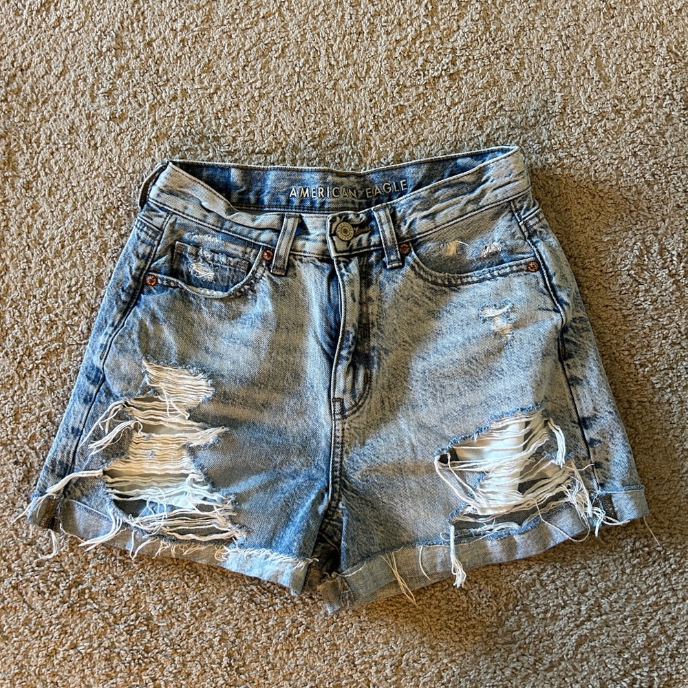 American Eagle Outfitters Women's Distressed Blue Denim Shorts - mom short